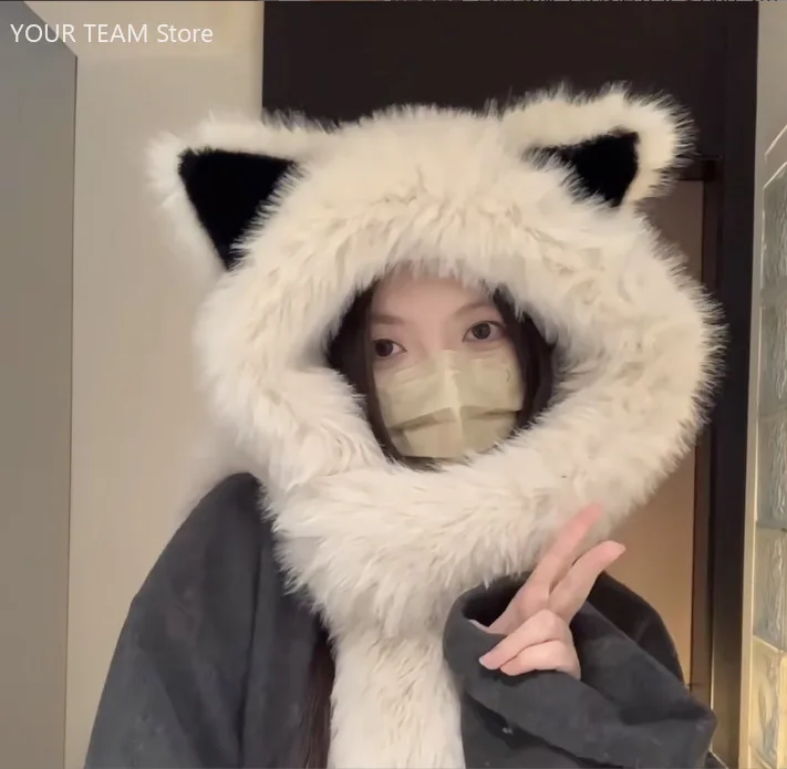 ชุดหมวกและผ้าพันคอขนเฟอร์เทียมหนานุ่มสำหรับฤดูหนาวสำหรับผู้หญิง ดีไซน์หูจิ้งจอก น่ารักและทันสมัย ป้องกันความหนาวเย็น ช่วยให้ใบหน้าดูเรียว