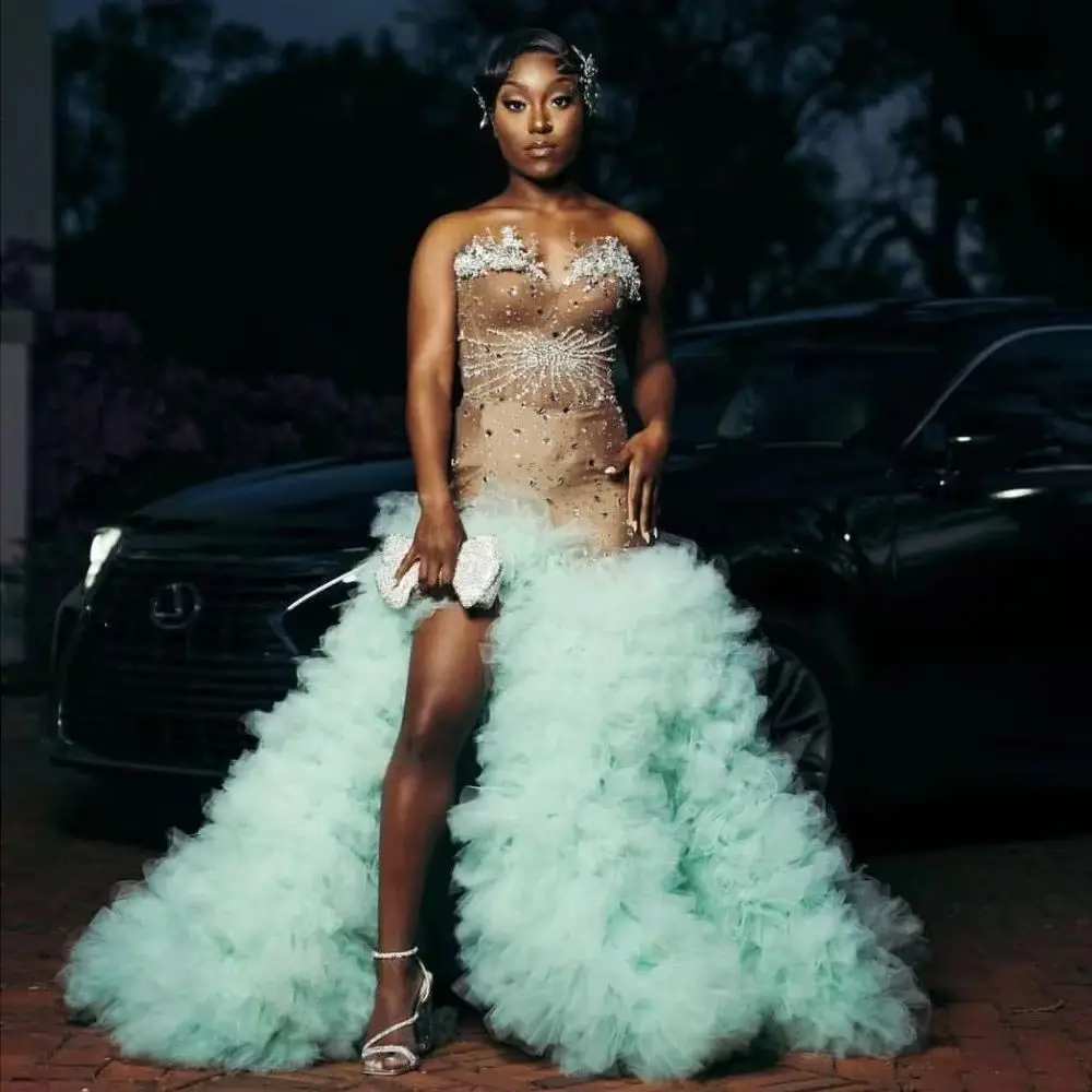 

Романтическое черное вечернее платье русалки для девочек, мятно-зеленое многоуровневое тюлевое платье с бисером, длинные африканские свадебные платья для гостей, платье для выпускного вечера Aso Ebi