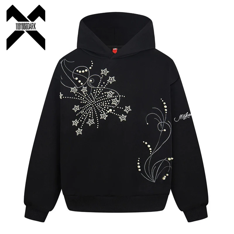 

Худи унисекс для пар с жемчужными элементами, свободный крой, повседневная толстовка с капюшоном, черно-красная, уличный стиль, коллекция Весна 2026