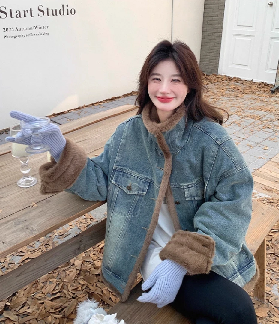 

Denim Coat Leopard Fur Plush Womens Fall Regular-Fit O-Neck Nomadic Style Hiking Outdooring Canvas Twisted Flap Drawstring Daily