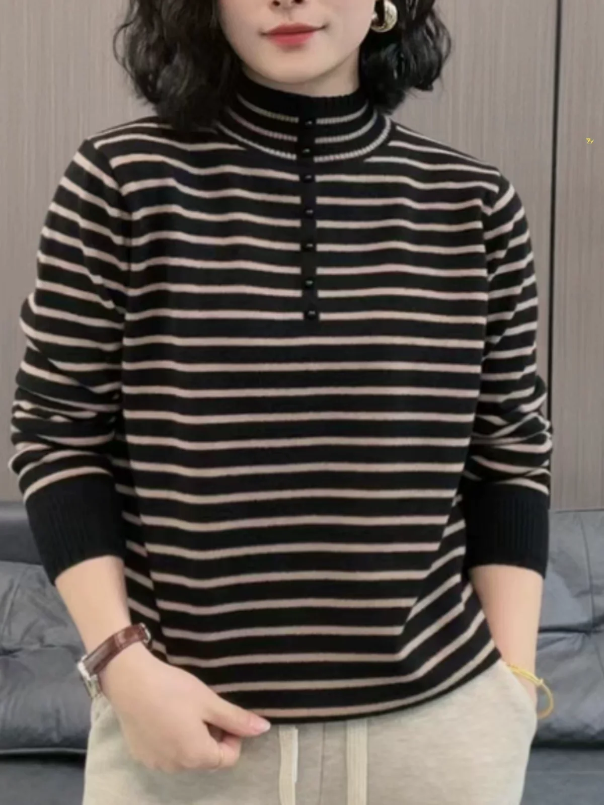 Thiened Warm Classic Bla White Stripes f Maglione lavorato a maglia a collo alto Autunno Inverno plus Size Base dimagrante da donna...