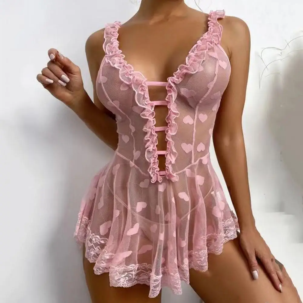 Women Sexy Night Dress Lady Girls Sleeveless Transparent Deep V Neck Love Heart Dresses Sexy Chemise