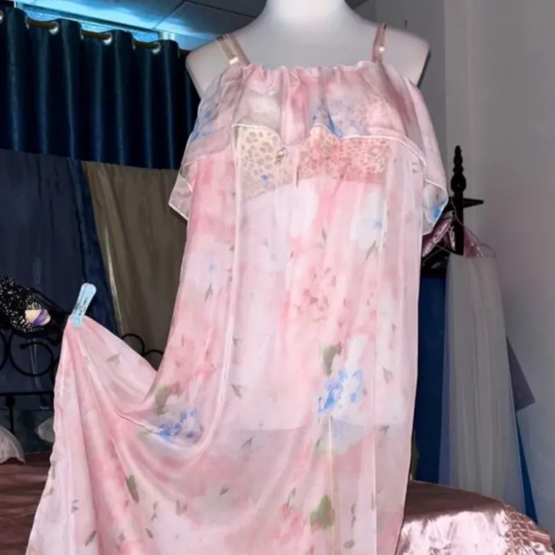 Couple See Through Suspender Nightgown Set Pink Silk Printed Ruffled Dress Robe With Belt Silky Touch Nightdress Sexy Lingerie