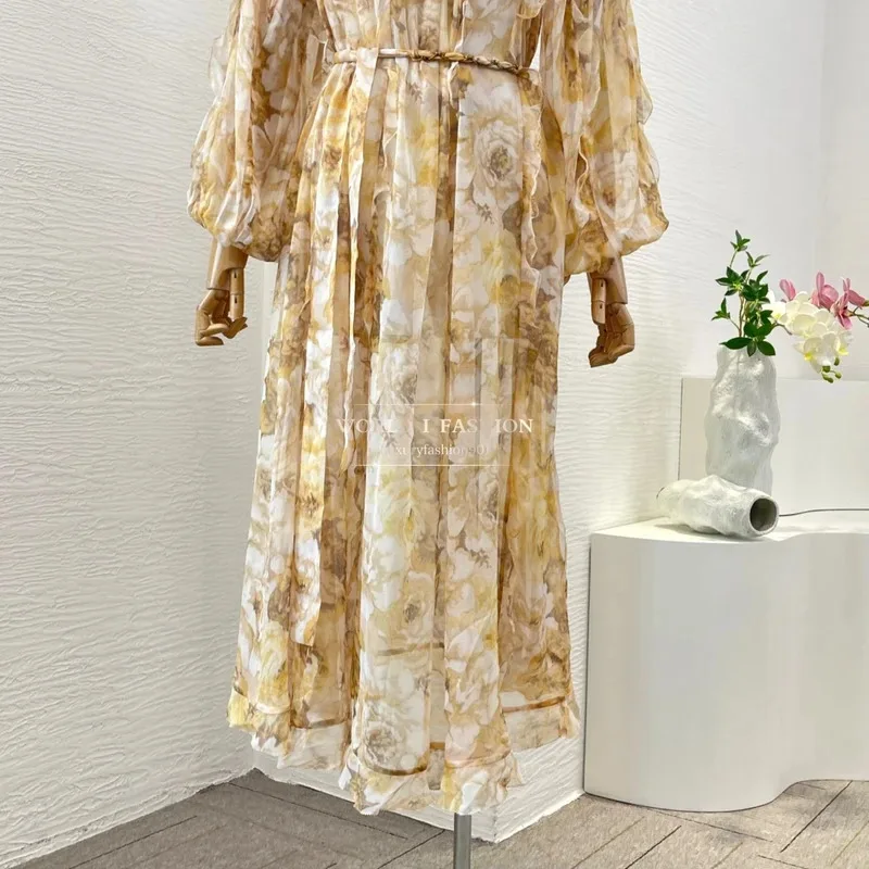 فساتين نسائية صيفية 2025 فستان متوسط الطول بأكمام طويلة وطباعة زهور صفراء عالية الجودة