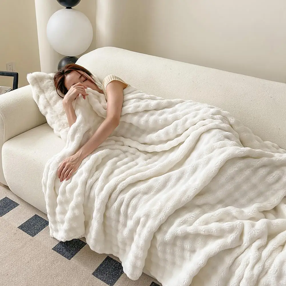 Soft Plush Blanket, 3D Bubble Rabbit Fur Texture Thickened Thermal Throw, Double-Sided Milk Velvet Warm Blanket for Bedroom