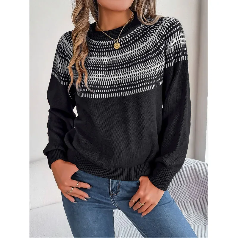 

2023 New Autumn and Winter Fashion Retro Contrast Stripes Long Sleeve Temperament Commuter Pullover Casual Women's Sweater