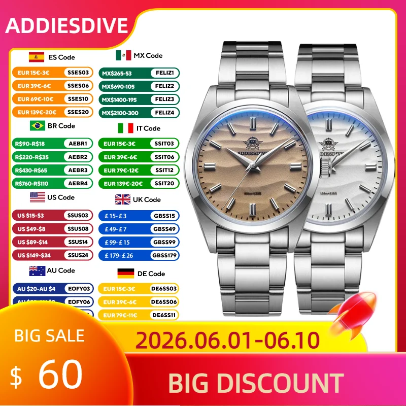 ADDIESDIVE-Montre-bracelet en acier inoxydable pour homme, montres à quartz étanches, cadran de sable 3D, offre spéciale, robe sans logo, AD2030, 100m