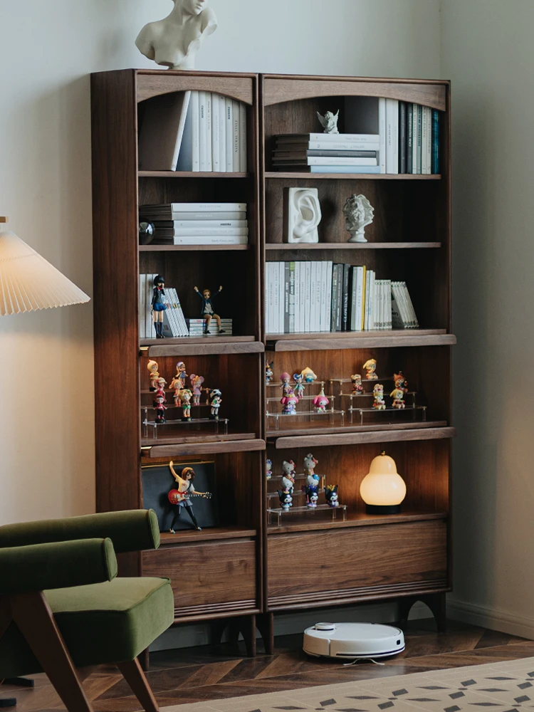 

LTT retro black walnut bookcase living room dust glass display case storage combination bookshelf