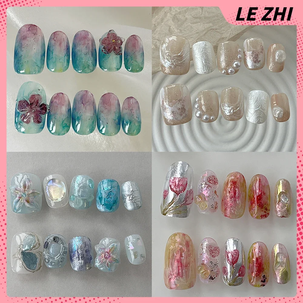 Handmade Almond Fake Nails Short Square 3D Lily Bowknot Nail Art Patch Ballerina Oil Painting Style Nail Party Stickers