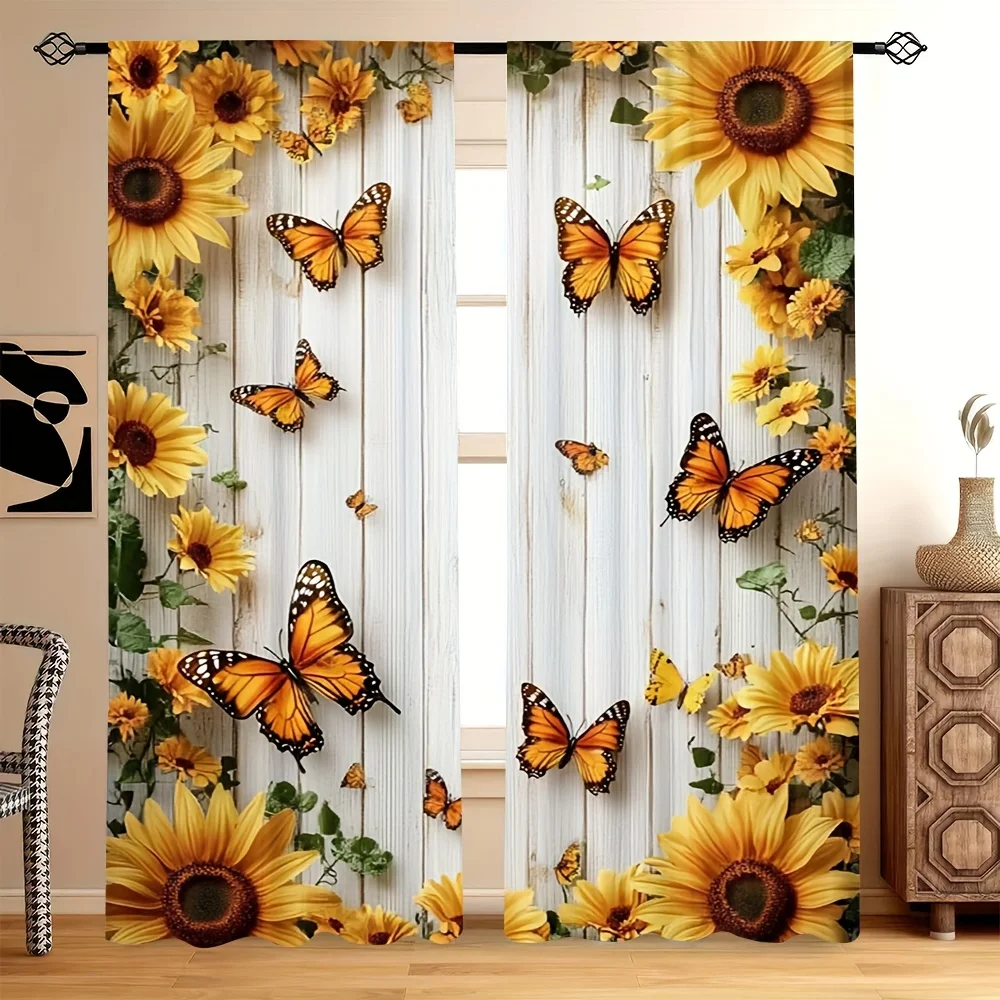 2 Panels Sunflower & Monarch Butterfly Curtains, Rustic Wood Print, Nature Garden Scenery Drapes for Living Room Bedroom