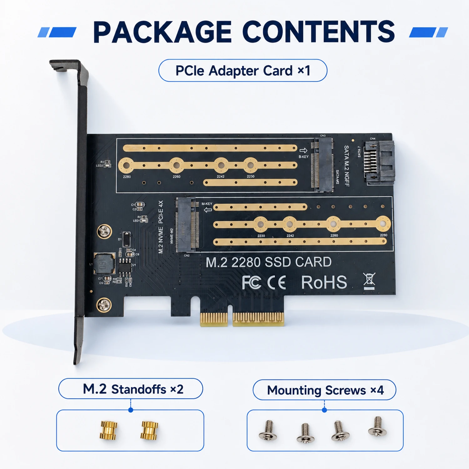 PCI Express to M.2 SSD Adapter Card, NVMe X1/X4 Models and SATA NGFF X4 Option, 2230-2280 Internal Storage Upgrade