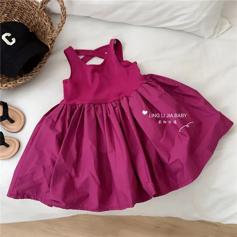 2025 Summer Girls Casual Dresses Children's Clothing Korean Summer Vest Dress Children's Red Black Dress Girls Dresses