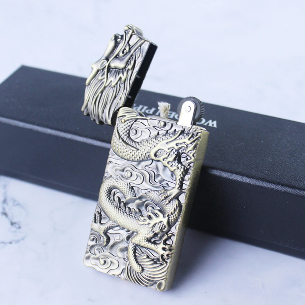 Unique Metal Relief Dragon Gasoline Cigarette Lighter Retro Windproof Petrol Trenches Kerosene Lighters Oil Fire Gadgets