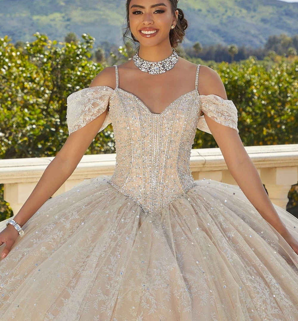 إيفاست-فستان Quinceanera الشمبانيا ، ثوب الكرة ، السباغيتي منتفخ ، الحلو 16 فستان ، الكريستال الديكور ، مشد القوس ، XV Años ، TQD100