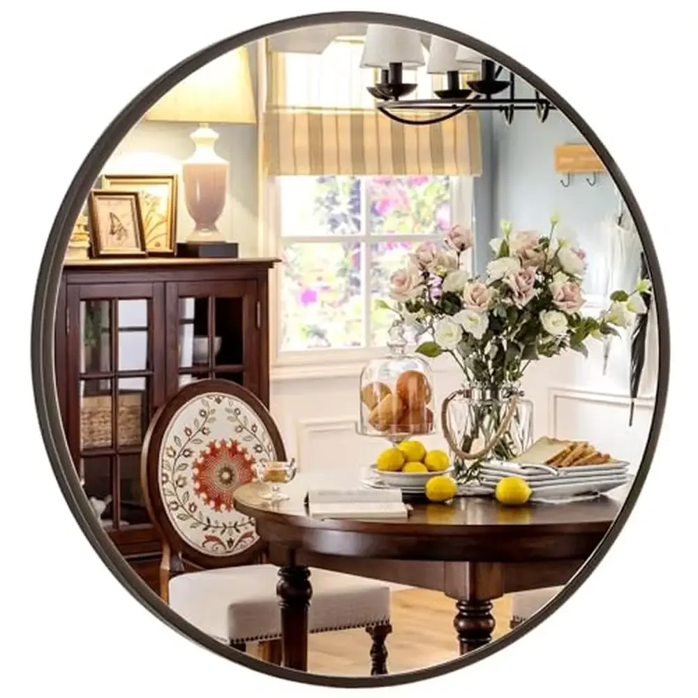 24 Inch Circular Black Finish Aluminum Alloy Round Wall Mirror Ideal Entryway Bathroom Vanity Living Room Reflective Circle