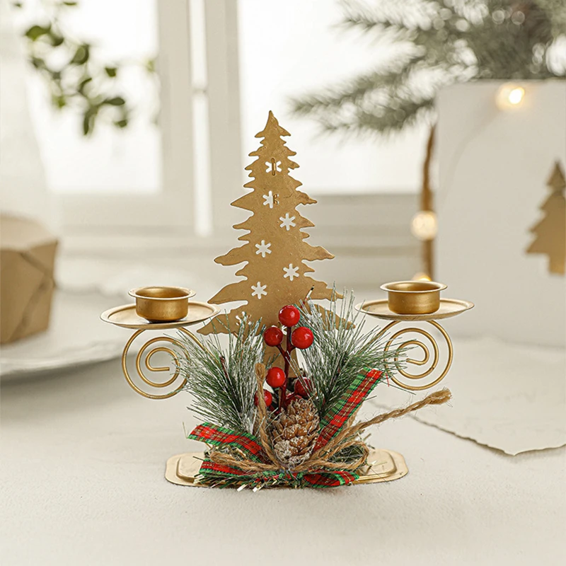 2024 Christmas Candle Holder Santa Claus Elk Tree Golden Iron Candlestick New Year Table Ornaments Xmas Gift Decor For Home