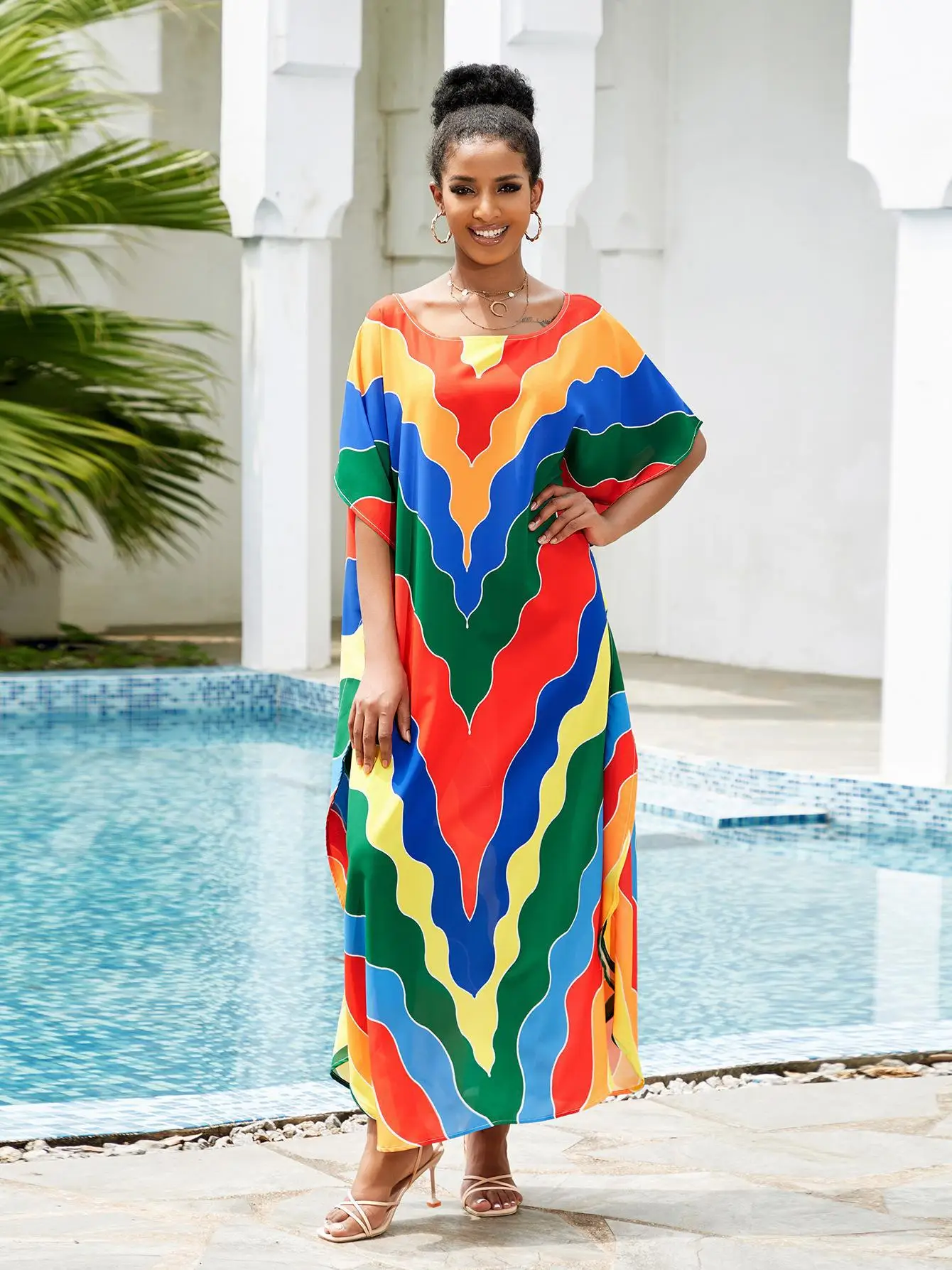 Multicolor Striped Kaftan Bohemian Printed Bikini Cover Up Batwing Sleeve Maxi BeachDress Women Beachwear Maxi Dress Robe