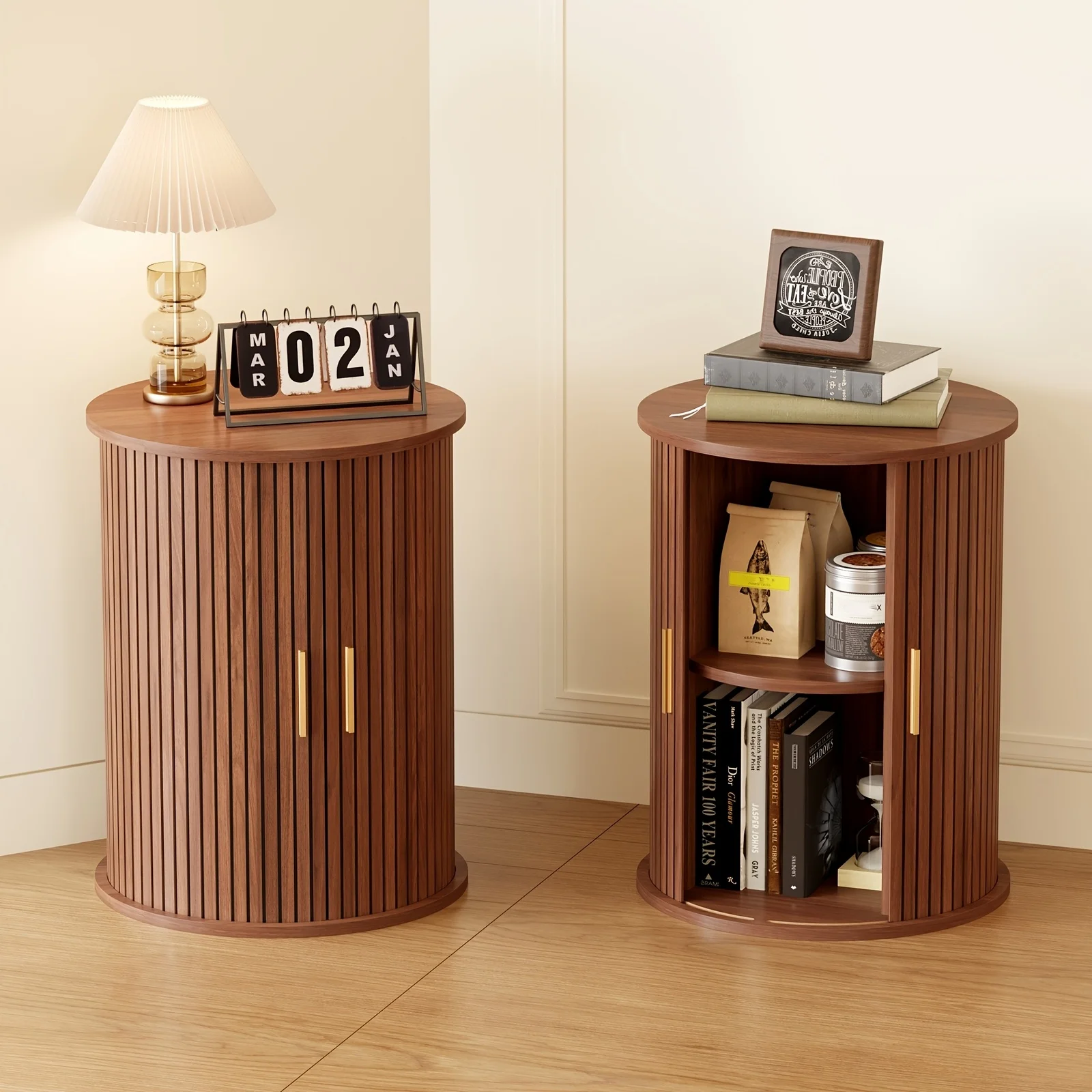 

Mid-Century Modern Round Fluted Nightstand with Sliding Tambour Doors & Adjustable Shelf - Walnut Wood Bedside Table