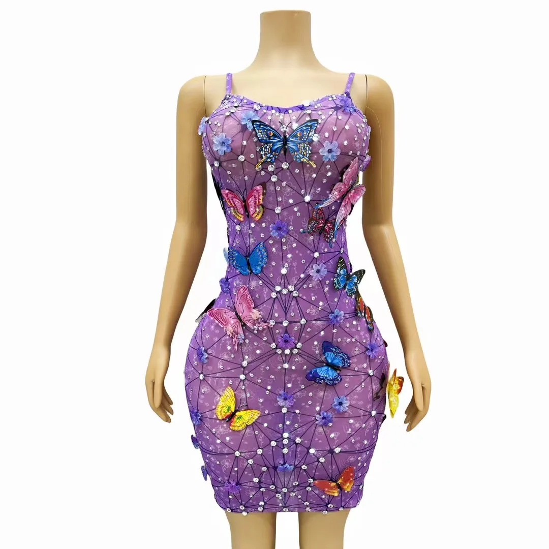 Glitter Women Summer Dress 2024 New Arrival Butterfly Purple Designer Prom Gowns Celebrity Birthday Evening Party Stage Wear