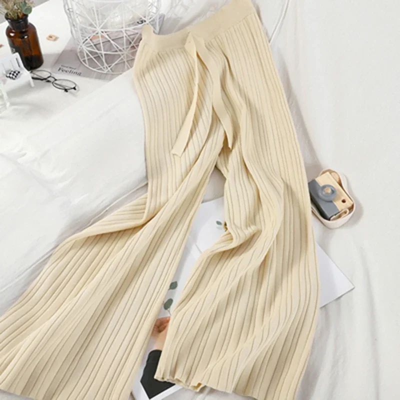 Vintage O-neck Short Sleeve Stripe T Shirt+ High Waist Wide Leg Pants Sweatsuits For Women Korean Fashion Streetwear Pants Sets