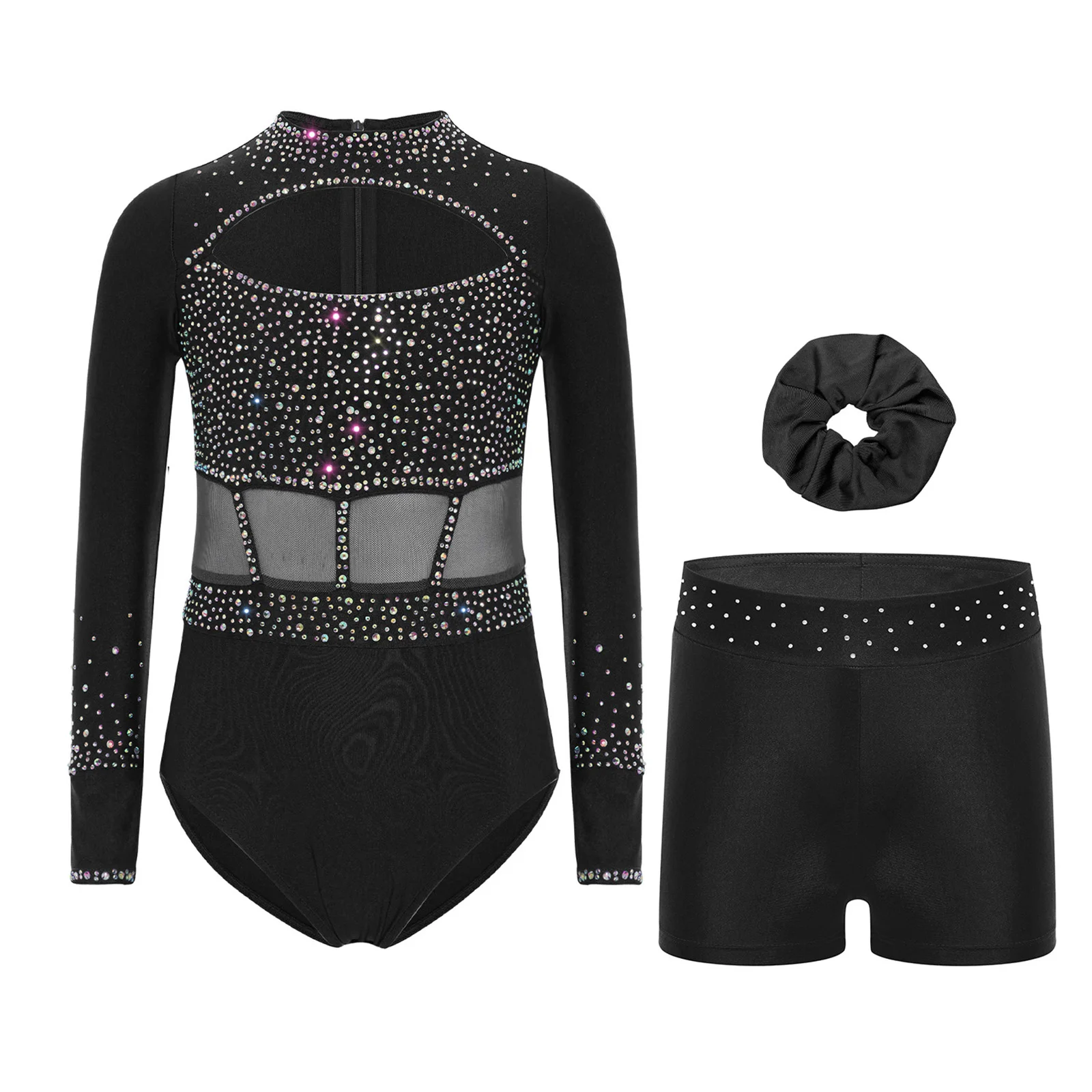 

Kids Girls Gymnastics Ballet Dance Outfit 3-Piece Crew Neck Long Sleeve Cutout Front Shiny Rhinestones Leotard+Shorts+Headwear