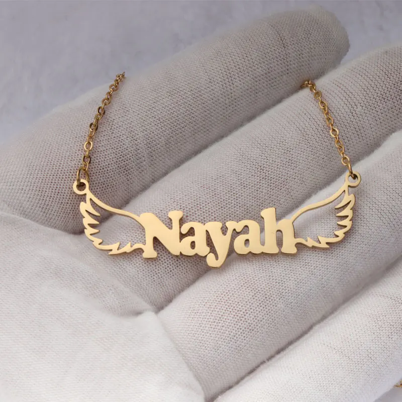Custom Name Necklace for Couples Stainless Steel O Chain Wing Shape Personalized Nameplate Pendant Romantic Valentine Gift