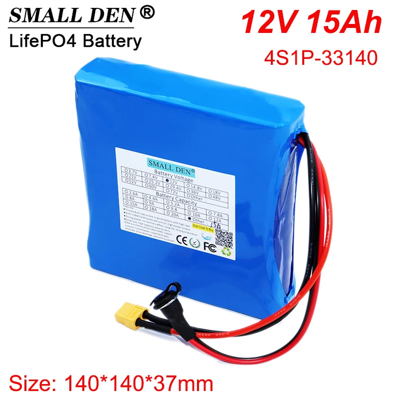 

12V 15Ah 33140 LiFePO4 Battery Pack 12.8V 4S1P+built-in 30A Same Port BMS for 12V Equipment Solar Electric Toy Power Supply