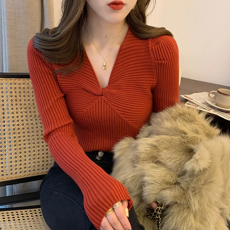 Ropa coreana para mujer, Tops con cuello en V, manga abombada, nuevo diseño informal, jersey con lazo de punto, suéter Base cálido 2023