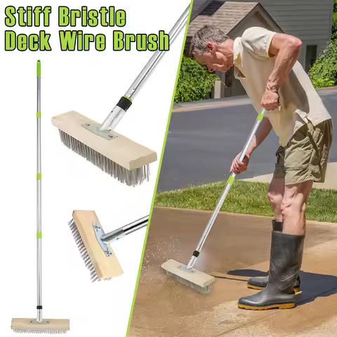 Stiff Bristle Deck Wire Brush Stainless Steel Floor Scrubber Brush with 60 Inch Long Handle 45&deg; Tilt Floor Clean Brush for Home