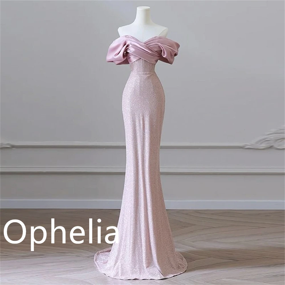 فستان سهرة جيرسي وردي رقيق مخصص رائع بدون حمالات قبالة الكتف حورية البحر زيبر خلفي مخصص