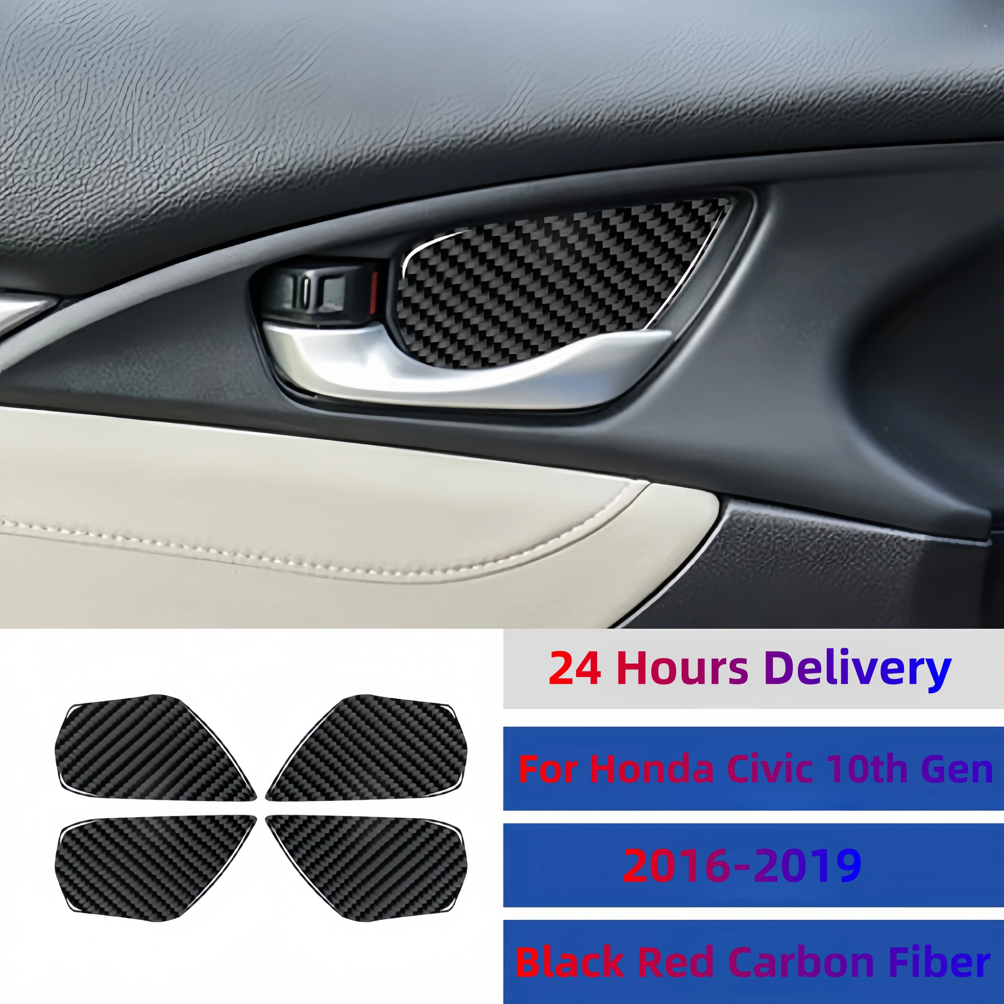 4pcs Car Interior Door Handle Bowl Cover Trim Carbon Fiber Decor Sticker For 2016-2019 Honda Civic 10th Gen Car Accsesories