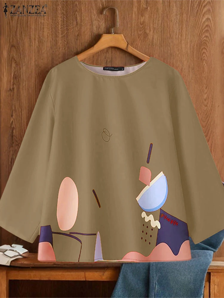 ZANZEA 2025 Damska Bluzka z Nadrukiem Modna Tunika Vintage Letnie Bluzki z Rękawem 3/4 Luźne Koszule Casual Okrągły Dekolt Oversize Bluzki