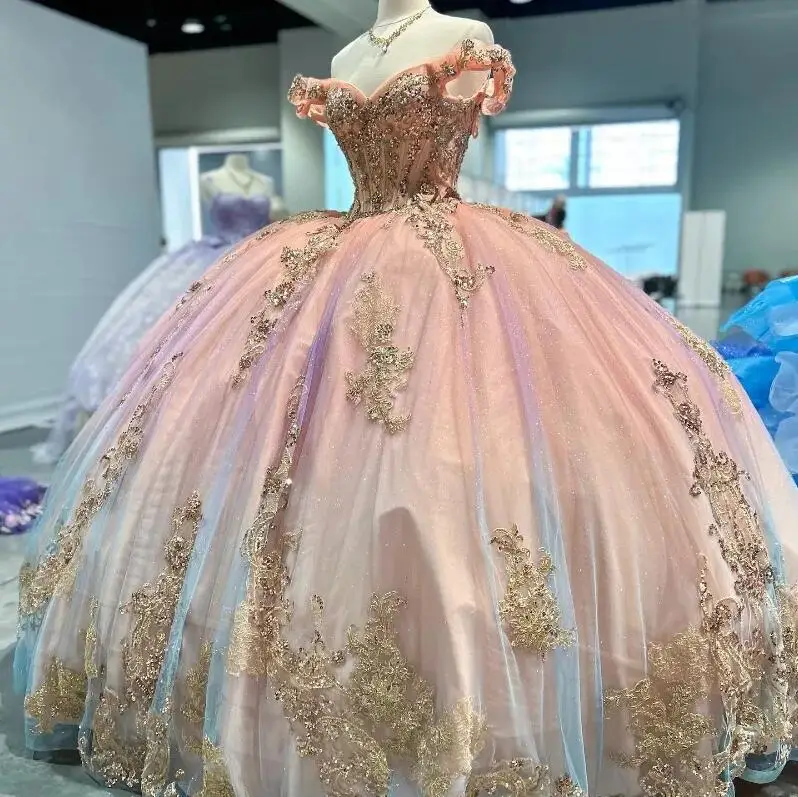 

Розовое Бальное платье принцессы, платья для Quinceanera, золотистое женское платье 16, платье на шнуровке, платья на день рождения 15 лет