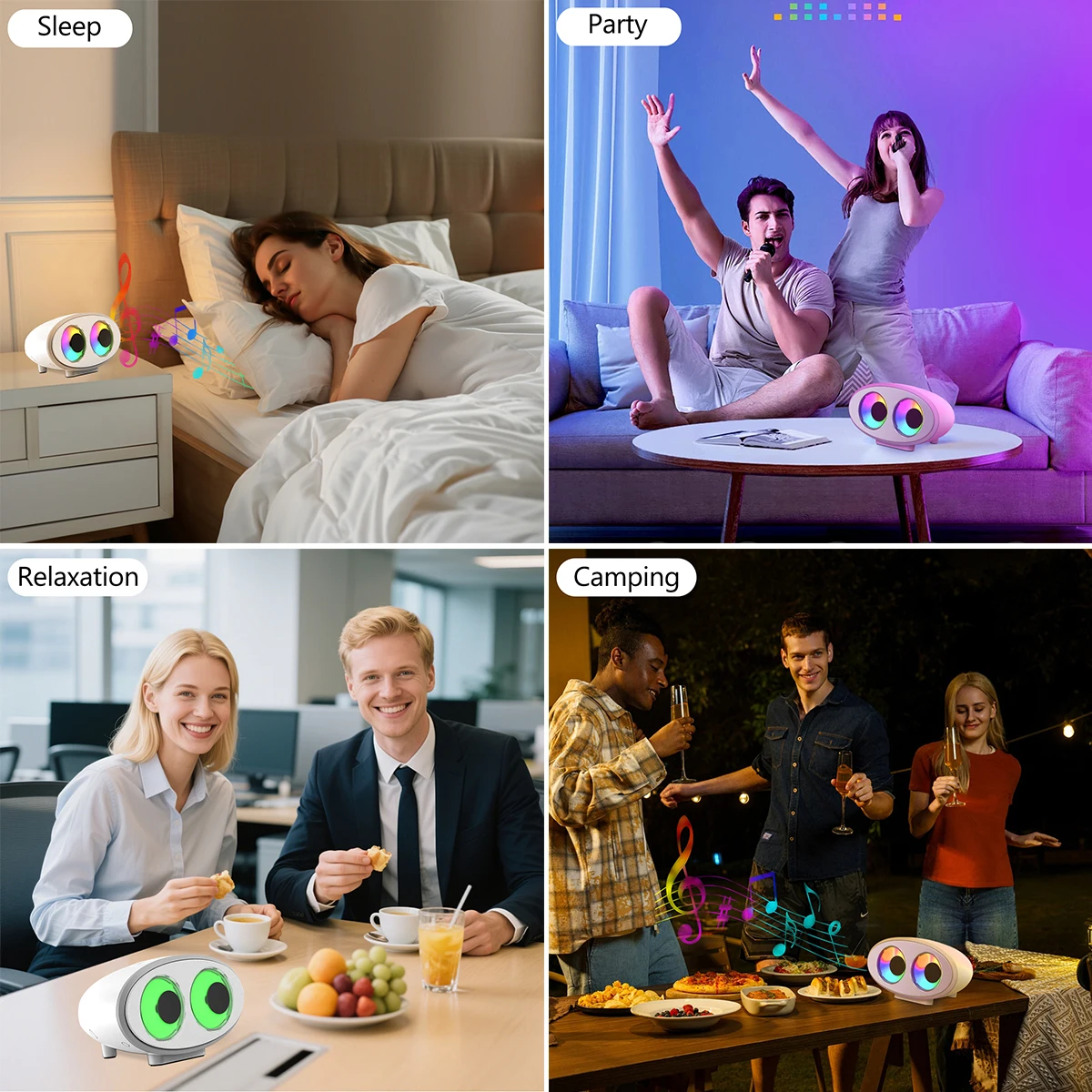 Alto-falante Bluetooth 2 em 1 em forma de olho Gerador de ruído branco com luz noturna LED colorida 4 modos Bateria de 1800mAh Ideal para relaxar