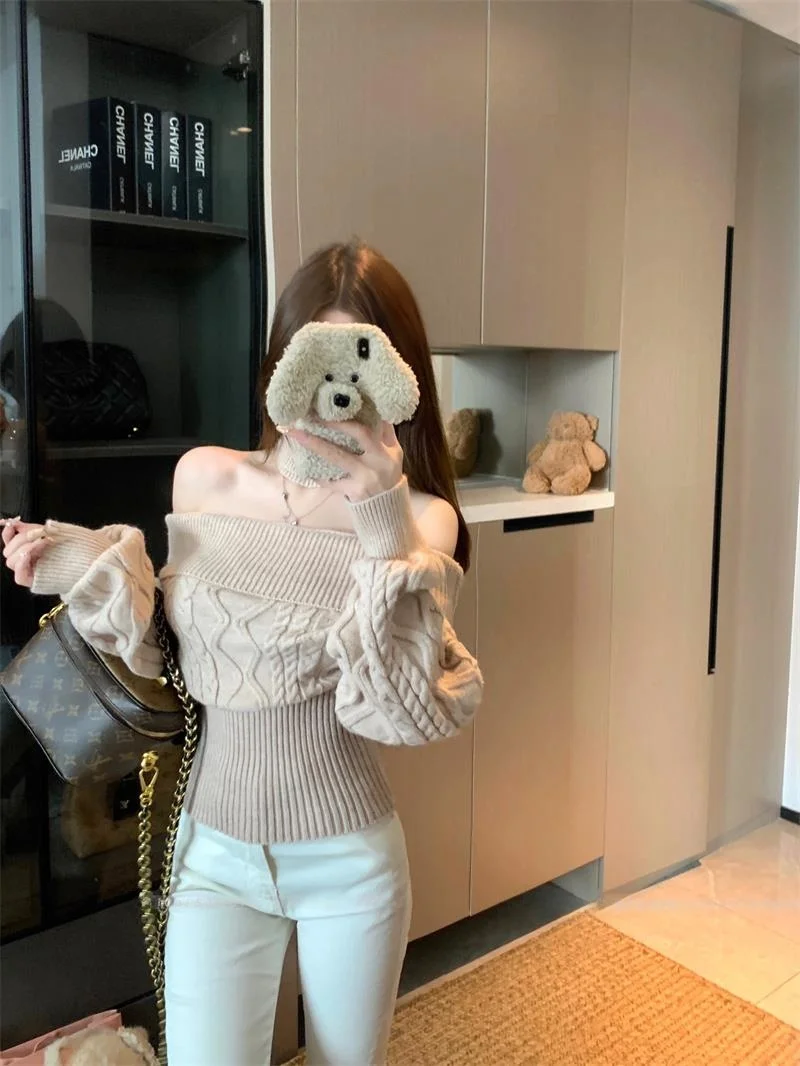 Suéter de Punto de Manga Larga para Mujer, Estilo Coreano, Ajustado, de un Solo Hombro, Suave, Versátil, para Otoño e Invierno