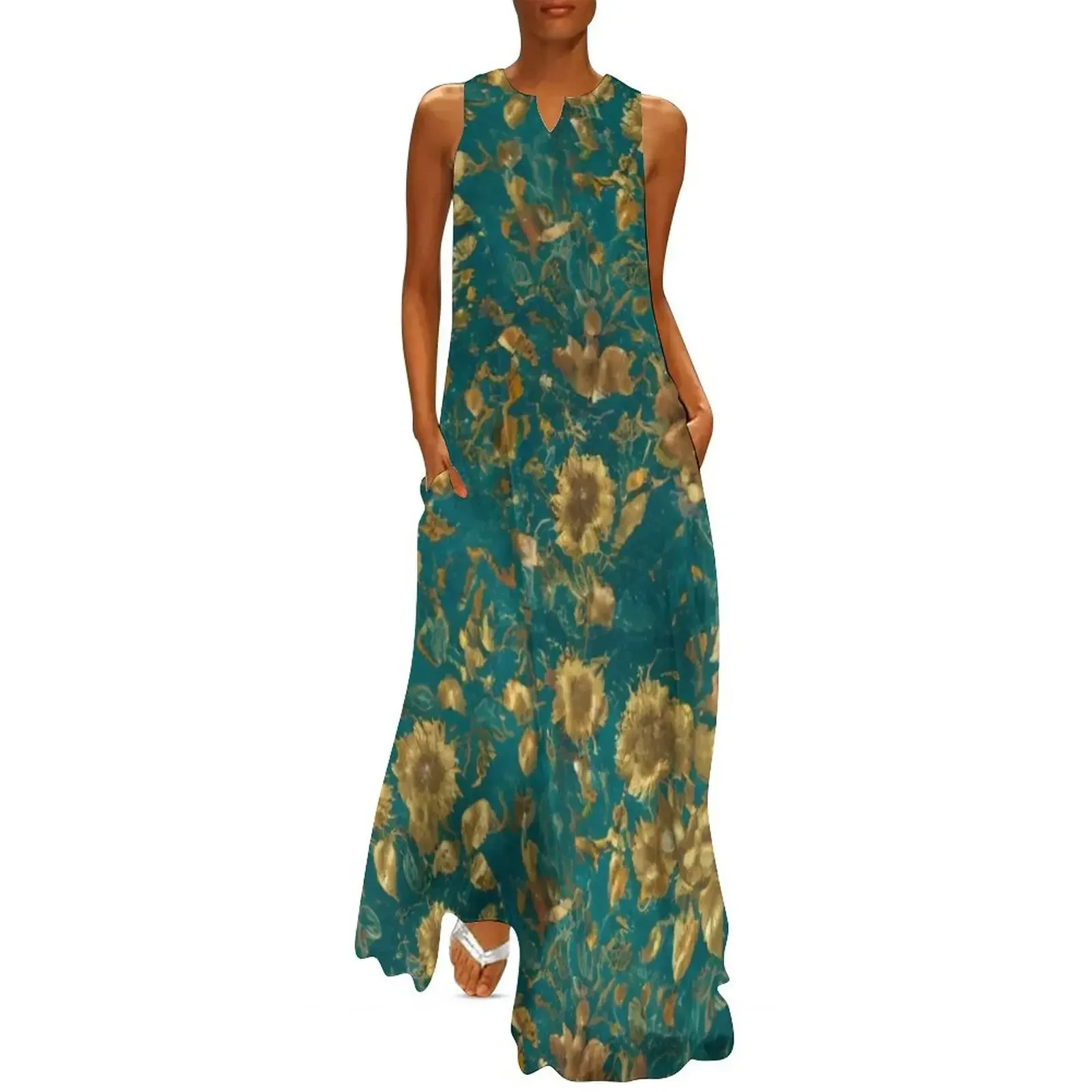 

Beautiful Watercolor Teal And Golden Sunflowers Pattern Long Dress womens dress evening dresses ladies Womens dresses Dress