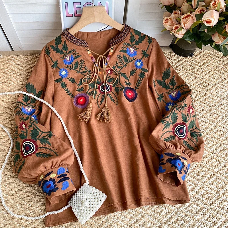 Women Spring Blouse Ethnic Style Retro Literature Loose Embroidered Cotton Linen Round Neck Pullover Shirt Casual Top A21