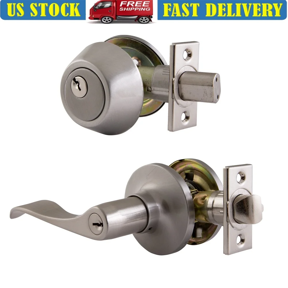 

6-Way Universal Entry Door Lever and Deadbolt Satin Nickel Security Knob Left Right Hand Doors Residential Use