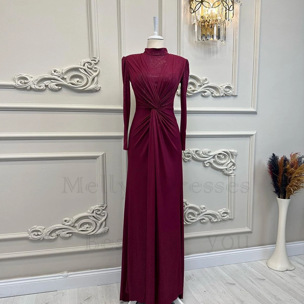 

Sheath Evening Dresses for Women Full Sleeve Pleat Summer 2023 New High Neck Prom Gowns Jersey Real Picture Vestido De Noche