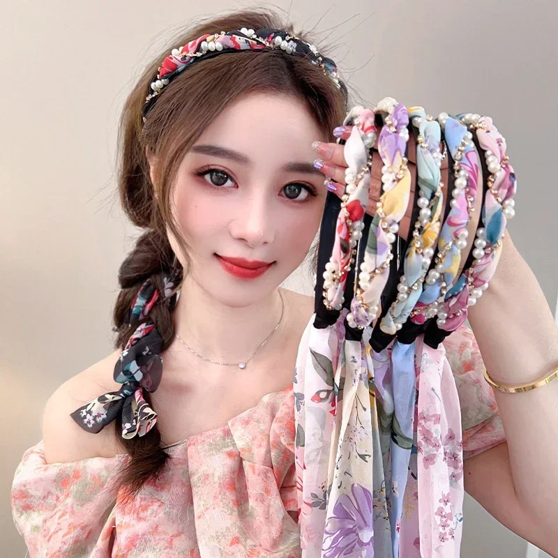 المرأة مضفر الشعر الشريط التعادل الشعر عقال قابل للتعديل القوس اللؤلؤ مضفر هيرباند الرجعية وشاح حريري عقال للنساء الفتيات