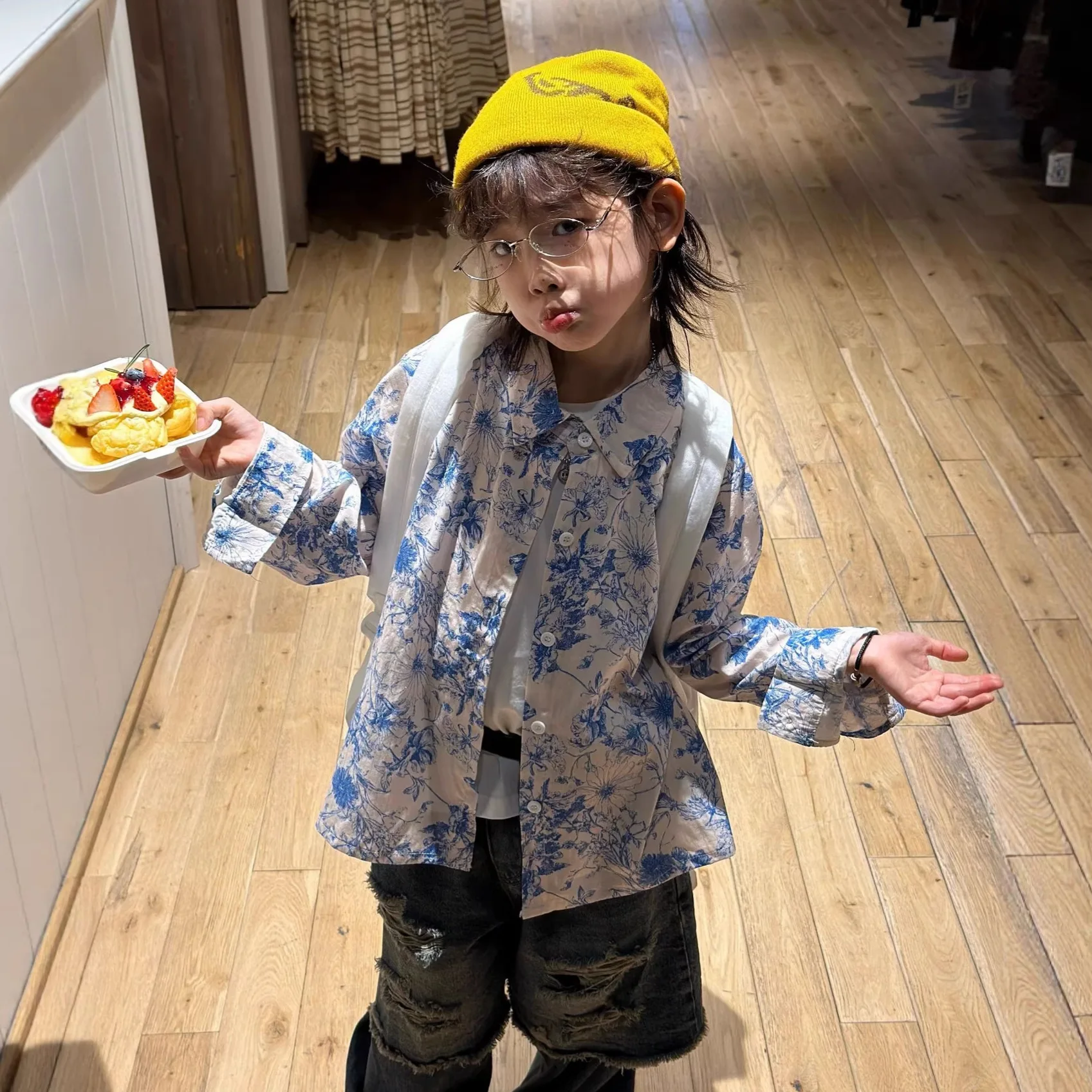 

Children Clothes Kids Casual Shirt Spring 2026 New Boys Loose Casual Flower Long Sleeve Kids Casual Kids Blue Shirt Top