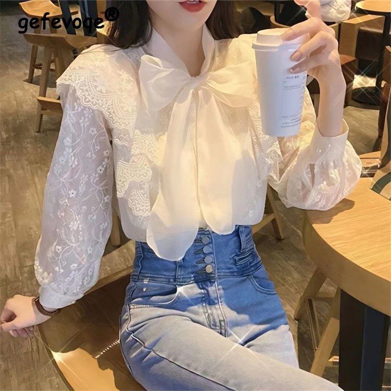 Women Vintage Embroidery Lace Bow Elegant Chic Shirts Spring Autumn Fashion Y2K Long Sleeve Solid Sweet Blouse Blusas Para Mujer