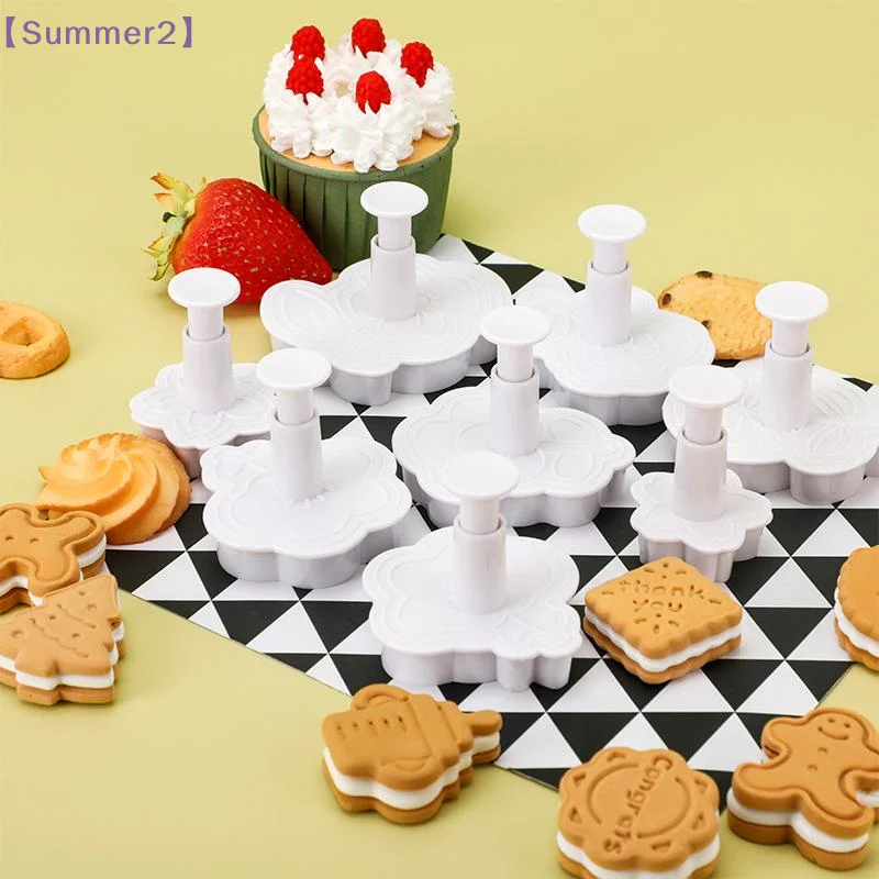 【Xia2】4Pcs/Set 3D Flower Pattern Plastic Biscuit Mold Cookie Cutter Stamp Fondant Embosser Die DIY Cake Decorating Tools {S}
