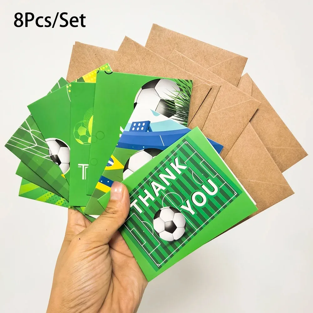

8Pcs/Set Sports Football Theme Thank You Greeting Card with Envelope Soccer Fold Invitations Card for Kids Birthday Party Decor