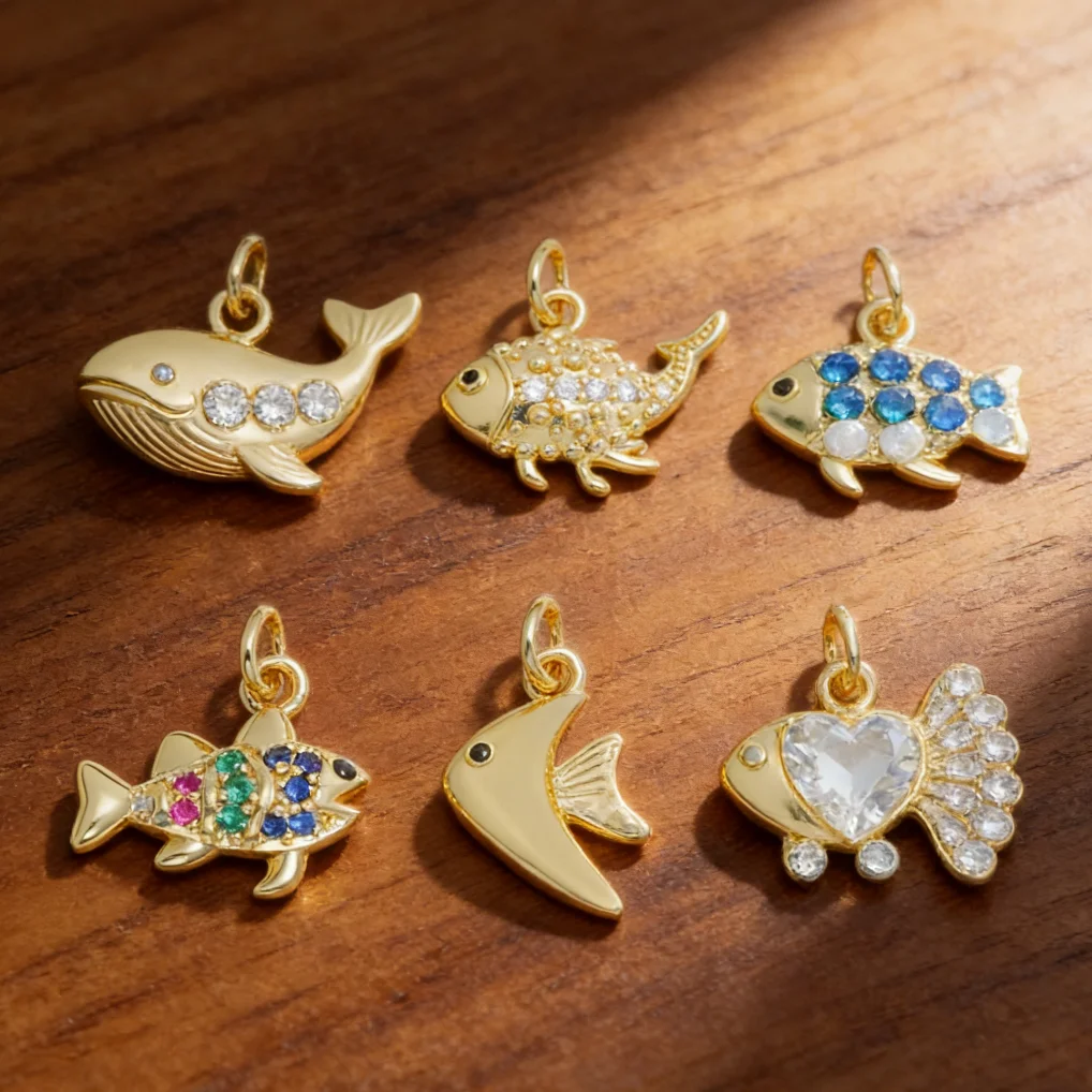 4Pcs Pendant Brass Plated Color Zircon Cute Ocean Animal Fish Whale Charms for Diy Jewelry Necklace Bracelet Making Accessories view 2