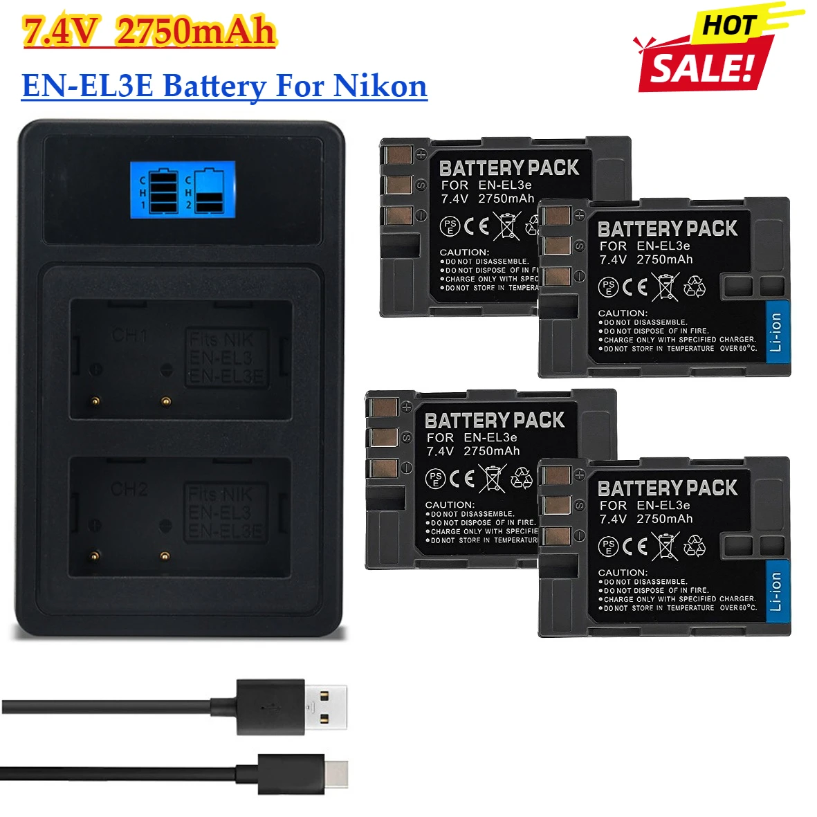 Cargador LED de batería recargable de iones de litio EN-EL3E de 2750mAh para Nikon D30 D50 D70 D70S D90 D80 D100 D200 D300 D300S batería de cámara