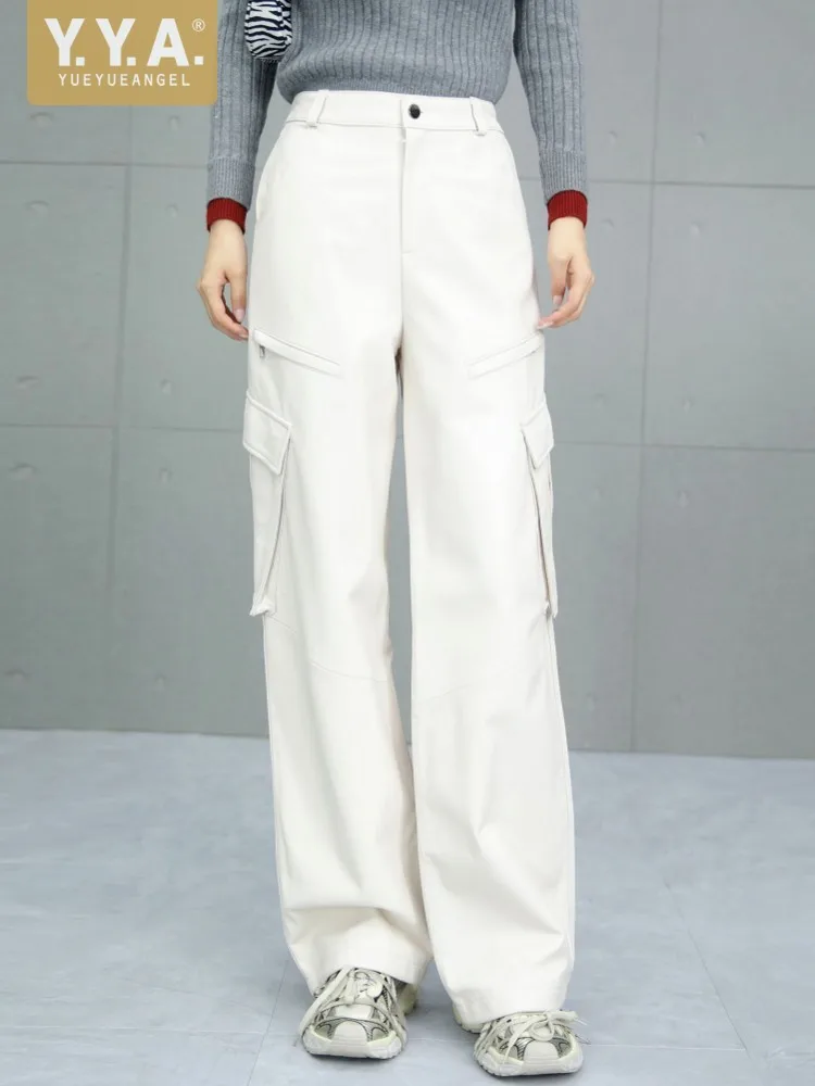 Casual Female Genuine Leather Elastic Waist Multi Pocket Real Sheepskin Trousers Loose Winter New Fashion Office Lady Overalls