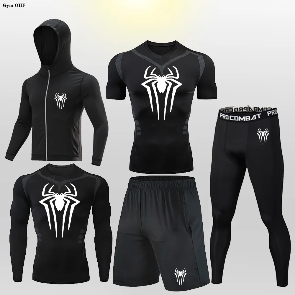 Camiseta de correr de verano para hombre, conjunto de 5 piezas, Berserk impreso, conjunto de compresión de secado rápido, Leggings de Fitness, traje ajustado Rashgard MMA