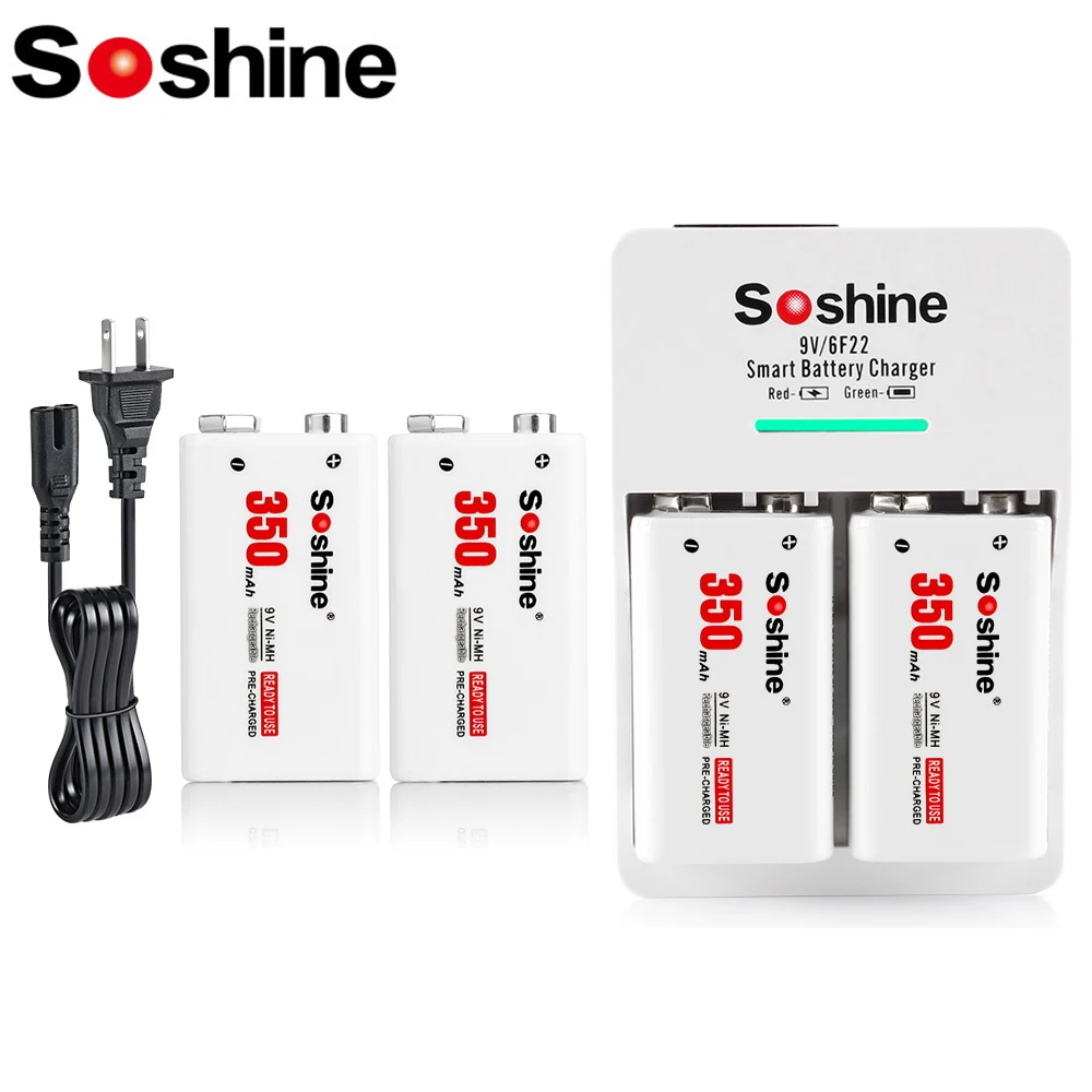 Akumulator Ni-MH Soshine 9V 6F22 350mAh i 2 gniazda Smart US EU Ładowarka 6F22 Akumulatory 9 V do wykrywacza metali Zabawka