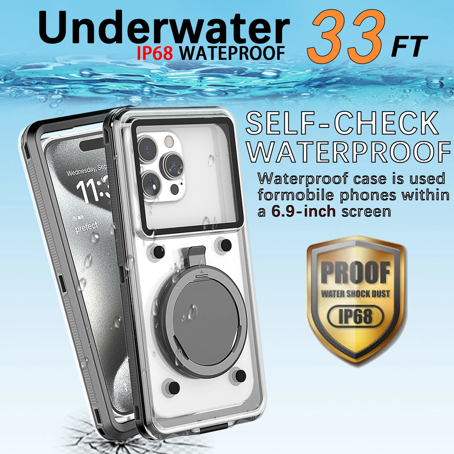 33FT Waterproof Phone Case Universal 6.9inch Underwater Touch Screen Dustproof Pouch Dry Bag Beach Travel Snorkeling Diving Case